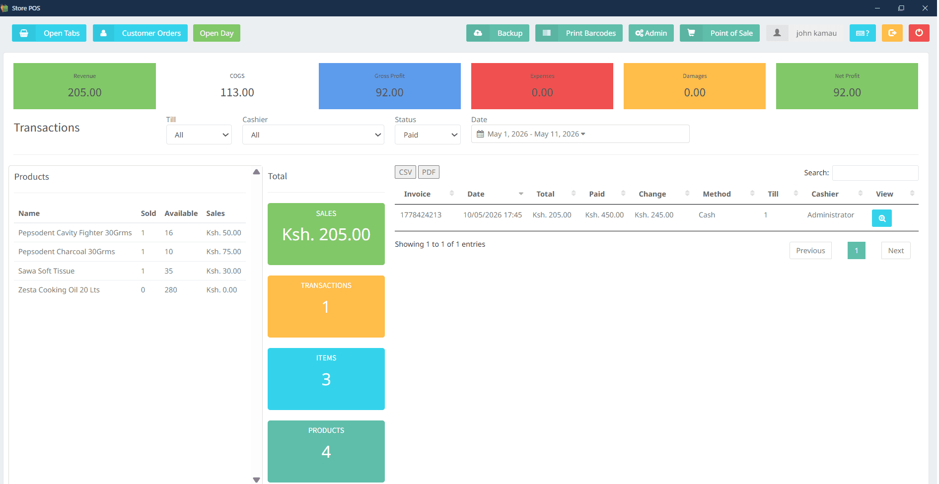 Store POS — transaction reports