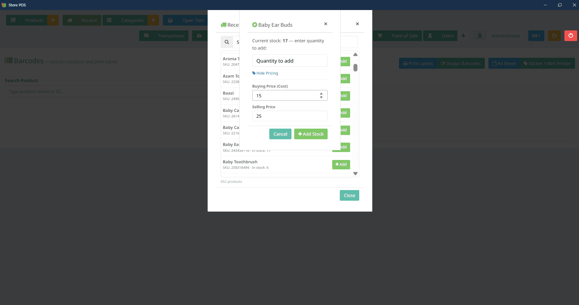 Store POS — stock management